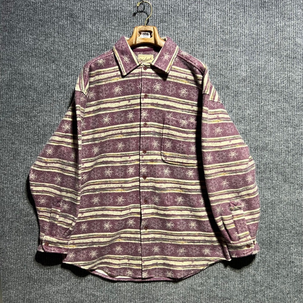 Vintage Woolrich Flannel Shirt Mens L Purple Snowflake Stripe Rugged Outdoor